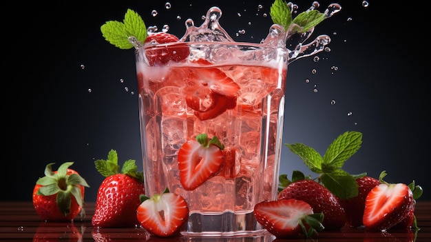 A glass of strawberry juice with a splash coming out of the glass on a white background