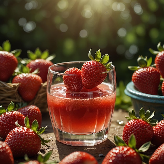 a glass of strawberry juice with strawberries in it and a small bowl of strawberries in the backgrou