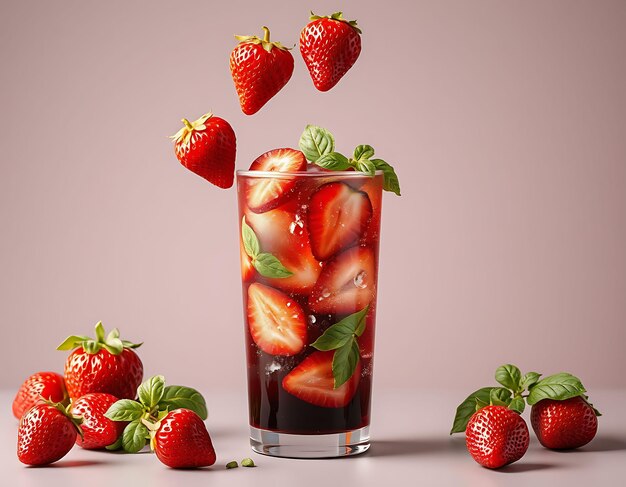 Photo a glass of strawberry juice with strawberries on a pink background