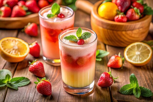 a glass of strawberry juice with strawberries and strawberries on a wooden table