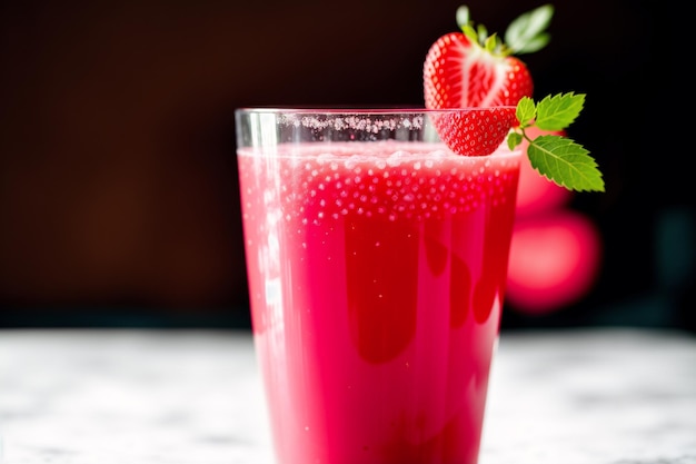 A glass of strawberry juice with a strawberry on the top.