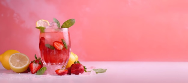 A glass of strawberry lemonade with a pink background