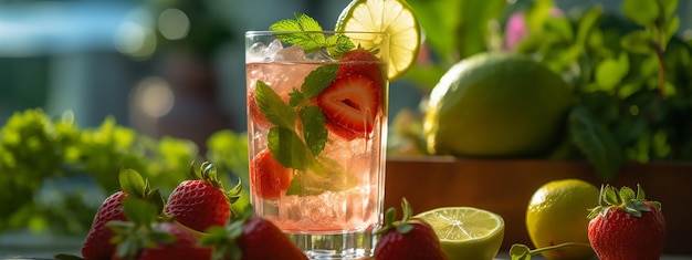 A glass of strawberry lemonade with a strawberries and limes on the side.