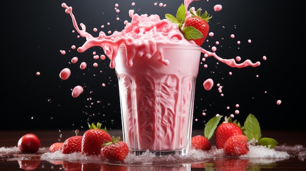 Photo a glass of strawberry milk with strawberries in it and a strawberries in the background