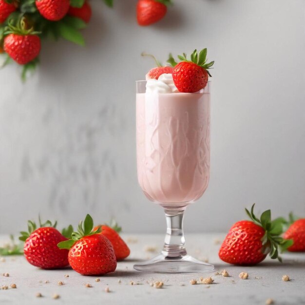 Photo a glass of strawberry milk with strawberries in it and strawberries on a table