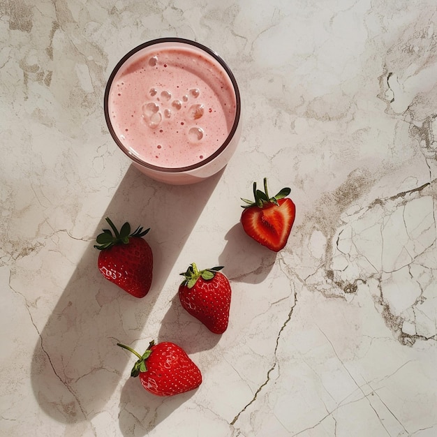 a glass of strawberry milk with strawberries and a strawberries in it