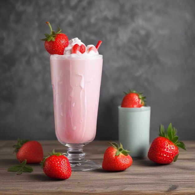 Photo a glass of strawberry milkshake next to a container of yogurt