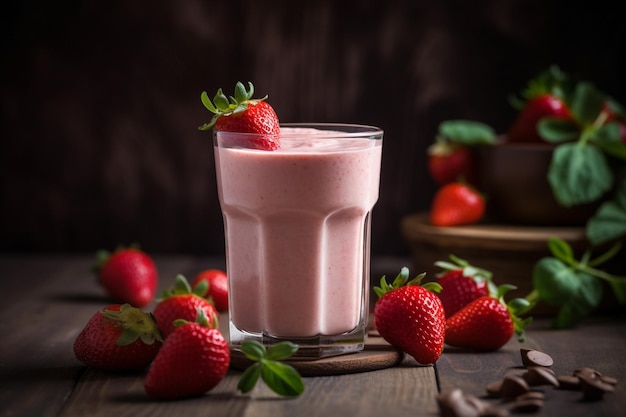 A glass of strawberry milkshake with chocolates and strawberries on a wooden table.