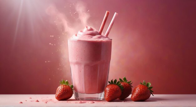 a glass of strawberry milkshake with strawberries in it