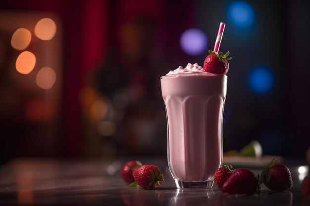 A glass of strawberry milkshake with strawberries on the table