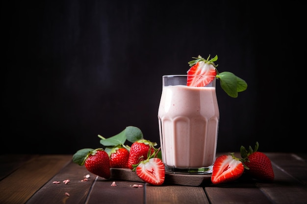 A glass of strawberry milkshake with strawberries on a wooden table.