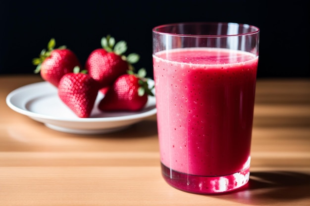 A glass of strawberry smoothie next to a plate of strawberries.