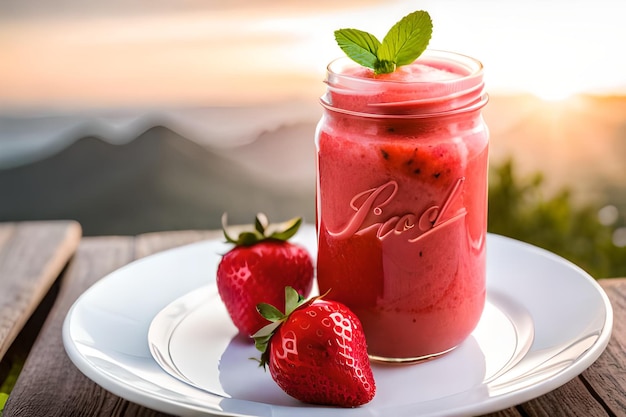 A glass of strawberry smoothie on a plate with a plate and two strawberries on the side.