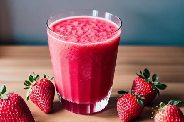 A glass of strawberry smoothie next to some strawberries