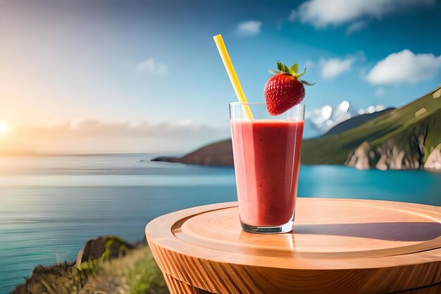 A glass of strawberry smoothie next to a table with a view of a lake and mountains in the background.