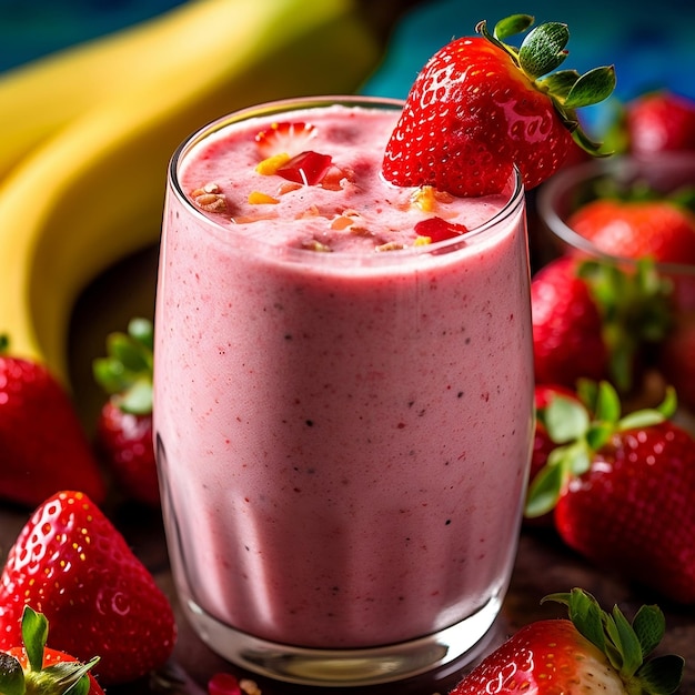 A glass of strawberry smoothie with a banana next to it.