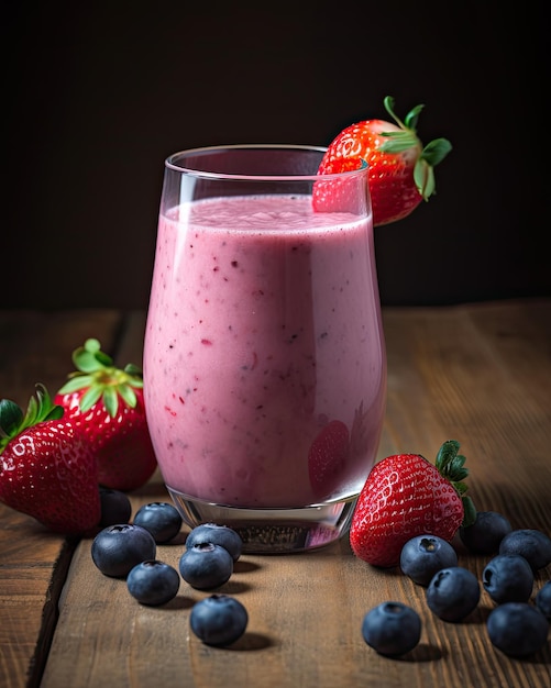 A glass of strawberry smoothie with blueberries on a wooden table