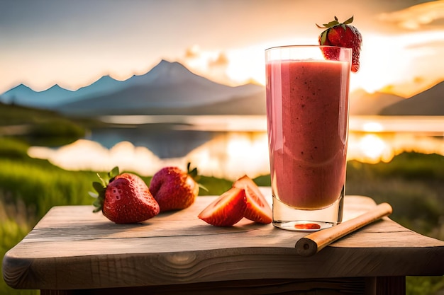 A glass of strawberry smoothie with a mountain in the background