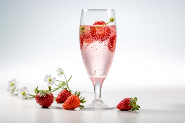 A glass of strawberry sparkling water with a few strawberries on the side.