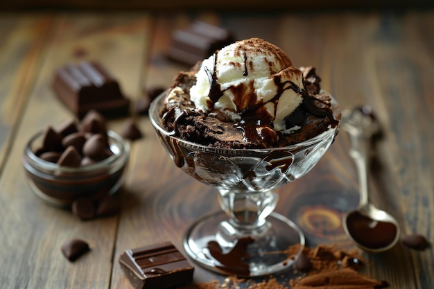 A glass sundae filled with rich chocolate brownies vanilla ice cream and drizzled with chocolate syrup served with chocolate pieces