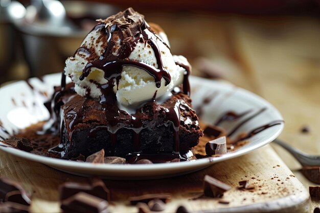 A glass sundae filled with rich chocolate brownies vanilla ice cream and drizzled with chocolate syrup served with chocolate pieces