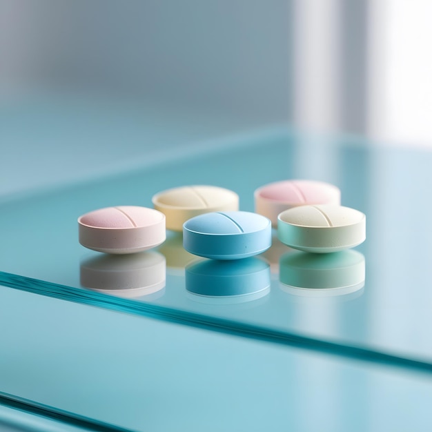 a glass table with different colored pills on it