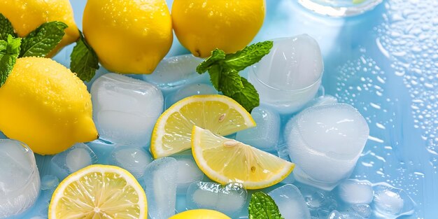 Photo glass table with lemon slices ice wedge mint and whole lemons concept lemonade refreshing drink citrus photography