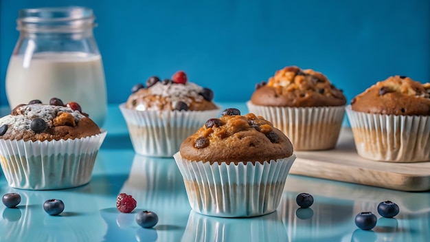 Photo a glass table with muffins and a glass of milk