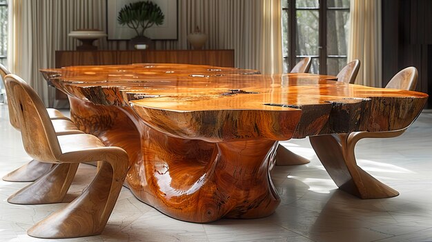 a glass table with a wooden top sits in a room with a window behind it