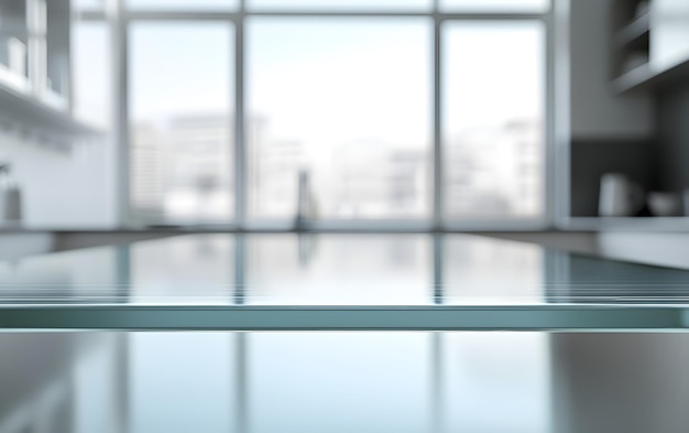 Photo glass tabletop with blurred city view