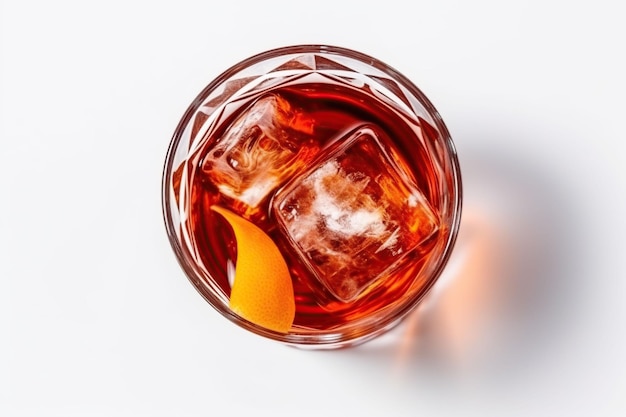 Glass of tasty alcoholic negroni cocktail with orange slice top veiw