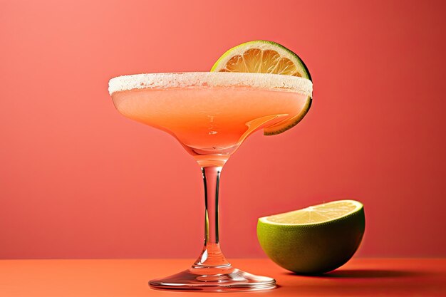 glass of tasty grapefruit margarita on color background closeup