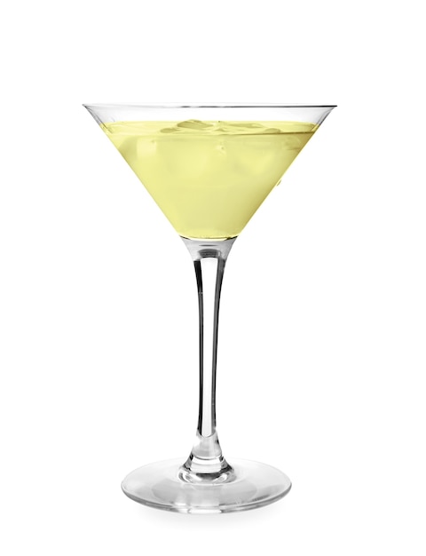 Glass of tasty martini on white background