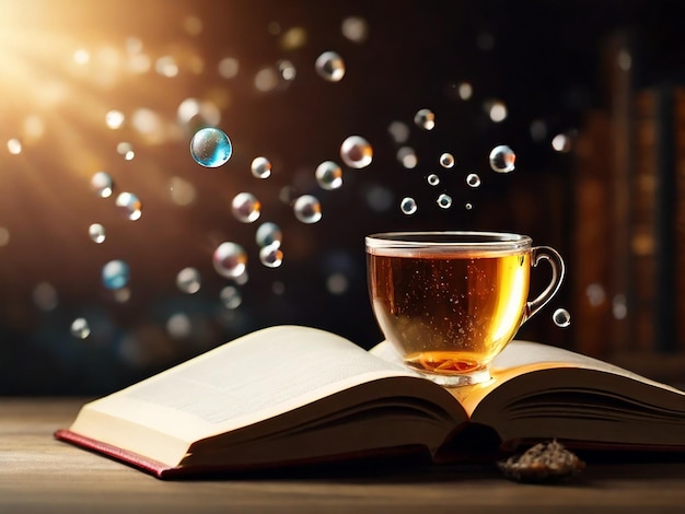 a glass of tea and a book with bubbles in the background