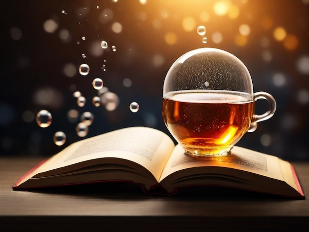 a glass of tea and a book with bubbles in the background