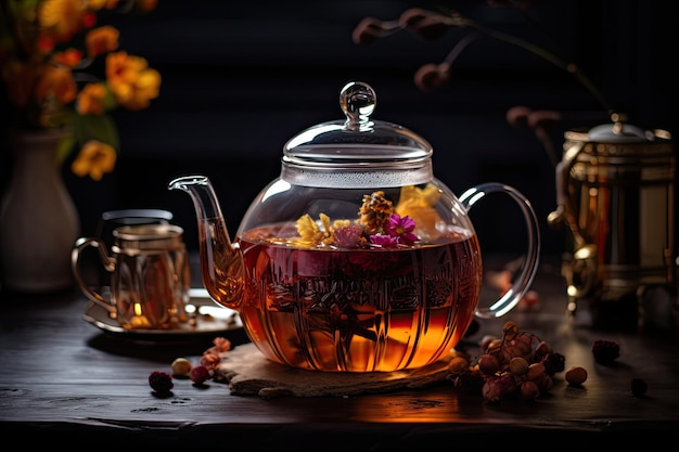 A glass tea pot filled with flowers next to a tea kettle generative ai image