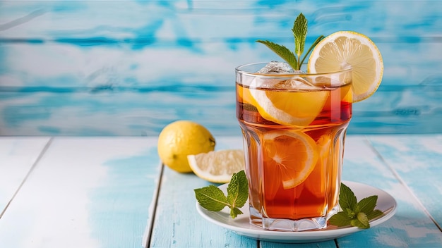 a glass of tea with lemon and mint leaves on a plate