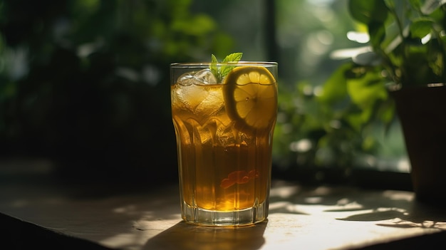 A glass of tea with a lemon slice on the rim sits on a wooden table.