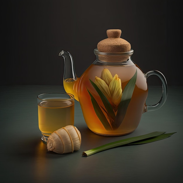 Glass teapot and cup containing lemongrass and ginger tea Illustration AI Generative