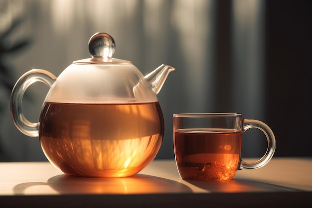 A glass teapot and a cup of tea sit on a table.