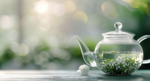 Photo glass teapot filled with tea leaves during golden hour near fresh green plants