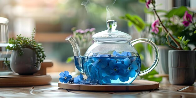 Photo glass teapot on a table with blue butterfly pea flower tea concept glass teapot table setting blue butterfly pea flower tea drink photography