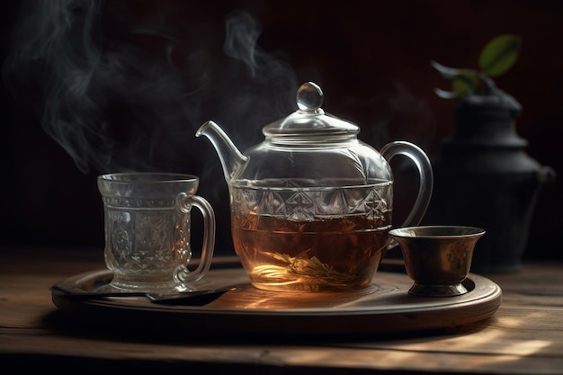 A glass teapot with a cup of tea and a glass cup of tea on a tray.