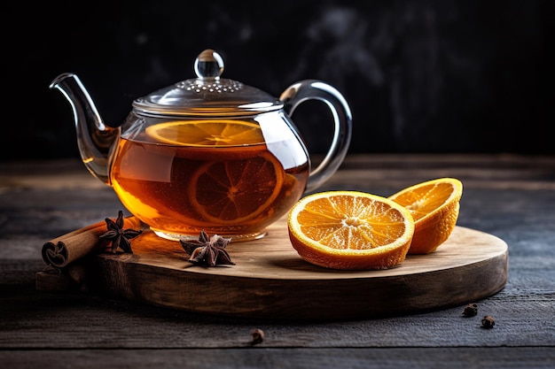 A glass teapot with a cup of tea and orange slices on a wooden table.