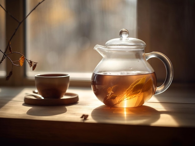 A glass teapot with a cup of tea sits on a table next to a cup of tea.