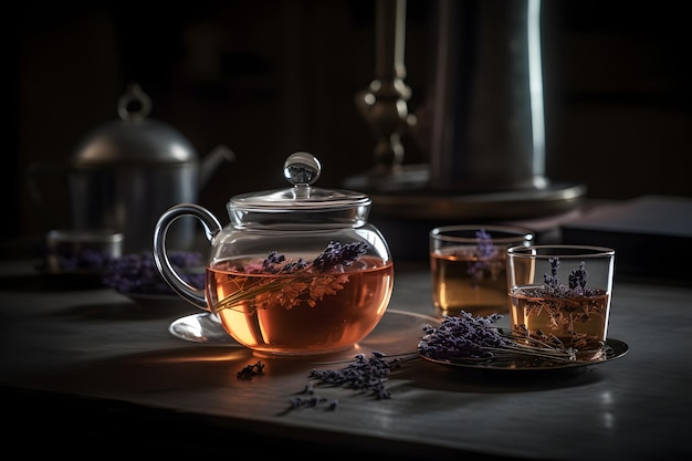 A glass teapot with a lavender flower on it sits on a table next to two glasses of lavender.