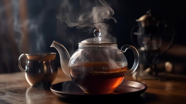 A glass teapot with a steam rising from it.