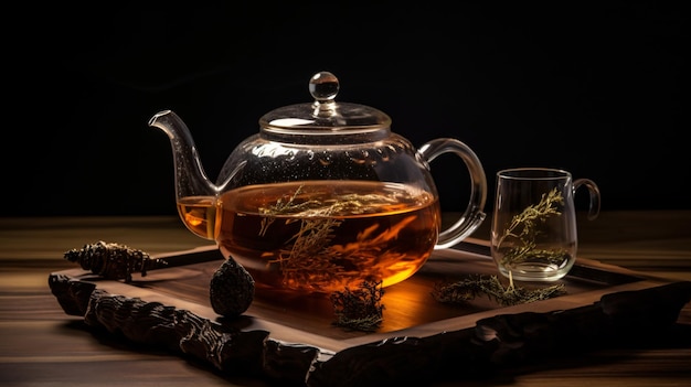 A glass teapot with tea in it on a wooden tray