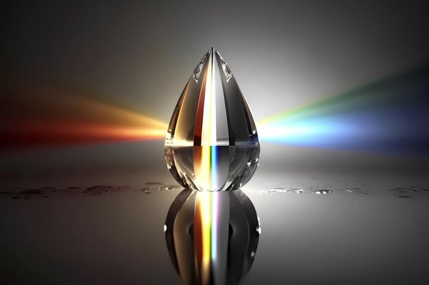 A glass teardrop with a rainbow colored light behind it