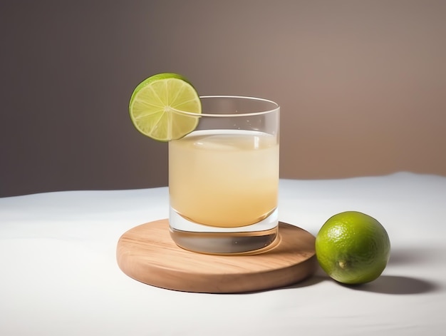 Glass of tequila with lime on a wooden stand on a white background